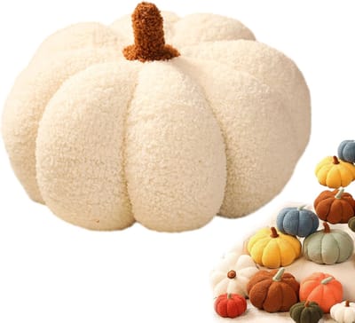 Pompoen Sierkussen - Pluche kussen - Gebroken wit - Ongeveer 28 cm - Halloween Pompoenkussen - Veilig en ademend PP-katoen - Handwas en machinewasbaar