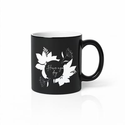 “Have a Good Day” Zwarte Magic Mok – Elegante Bloemen- en Bladerenprint – 330 ml Warmtegevoelige Koffiebeker