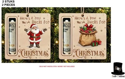 Bob Online™ – Houten Kerstboom Geldhanger Ornamenten (2 stuks) – Kerstman & Cadeau Ontwerp - Wooden Christmas Tree Money Hanging Ornaments (2 pcs) – Father Christmas & Gift Design