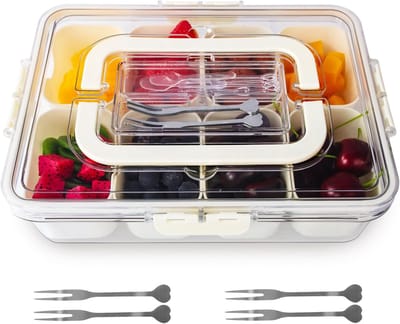 Snackbox met vakken, snackschaal met deksel, snackschaal met deksel en handvat, snackbord met 8 vakken, snacktablet-organizer voor snoep, vegie, koekjes, noten, fruit (transparant)