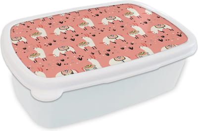Broodtrommel Wit - Lunchbox - Brooddoos - Lama - Kinderen - Roze - Patroon - 18x12x6 cm - Volwassenen