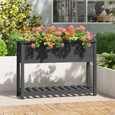 vidaXL - Plantenbak - met - schap - 111,5x34,5x81 - cm - massief - grenenhout - grijs