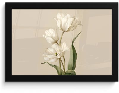 Poster in lijst - Fotolijst 30x20 cm - Posters - Tulpen - Wit - Bladeren - Posterlijst zwart - Decoratie - Wanddecoratie woonkamer - Muurdecoratie slaapkamer