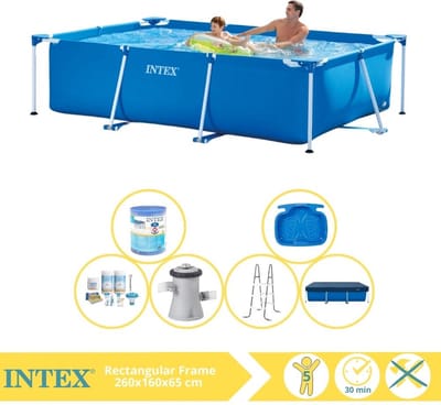 Intex Rechthoekig Frame Zwembad - 260 x 160 x 65 cm - Blauw - Inclusief Afdekzeil - Onderhoudspakket - Zwembadfilterpomp - Filter - Ladder - Voetenbad - 7-delig