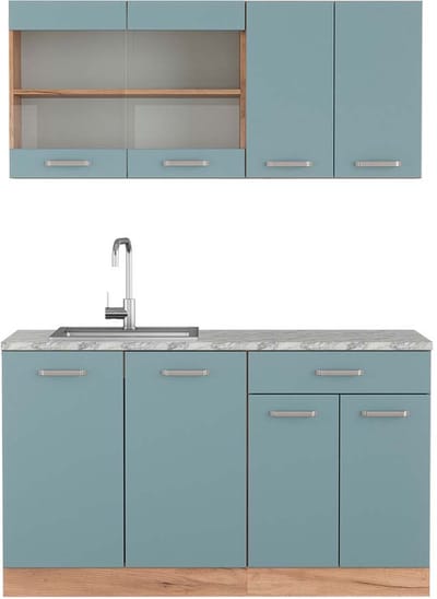 Vicco R-Line Eenpersoonskeuken – 140 cm, WB Marmer Blauw-grijs/gouden eik