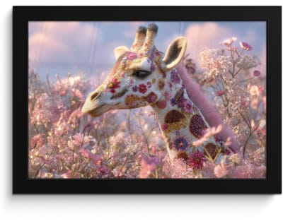 Poster in lijst - Fotolijst 30x20 cm - Posters - Giraffe - Bloemen - Roze - Posterlijst zwart - Decoratie - Wanddecoratie woonkamer - Muurdecoratie slaapkamer