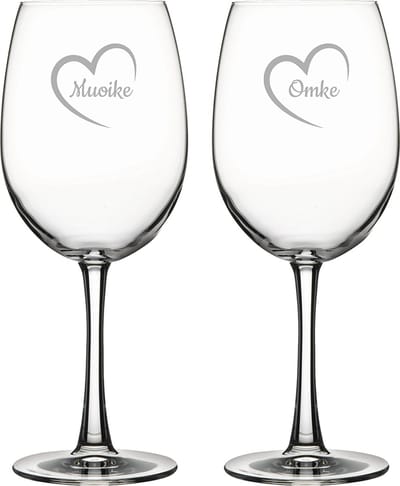 Gegraveerde Rode wijnglas 46cl Muoike mei hert & Omke mei hert