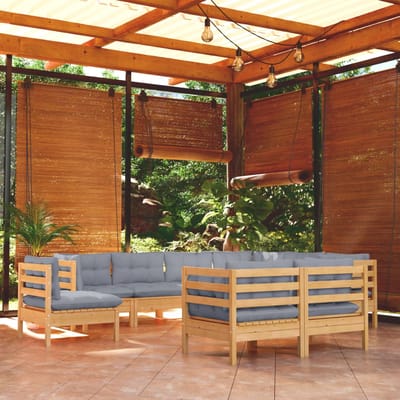 vidaXL - 9-delige - Loungeset - met - grijze - kussens - massief - grenenhout