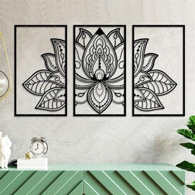 Metalen Muurdecoratie Set met Lotusbloem - 3-delige Wandkunst voor Woonkamer, Slaapkamer, en Yogaruimte