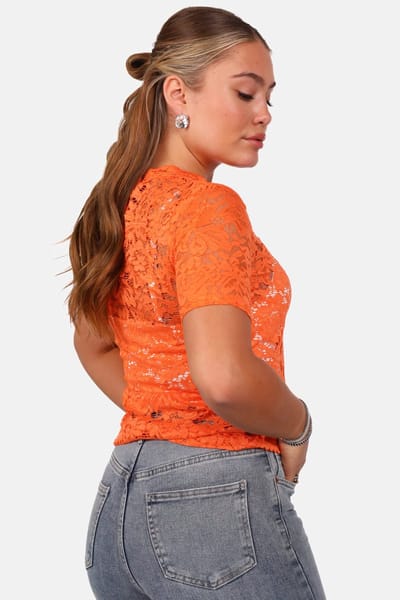 Getdrezzed Top - Maat: XS - Kanten top met bloemenstructuur korte mouw oranje