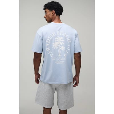 Oversized Paradise Beach Club Palm Tree T-Shirt & Short Set | Light Blue | Size XL