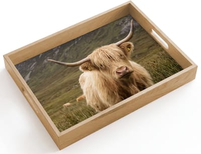 Dienblad hout 40x30 cm - Schootdienblad - Schotse hooglander - Bergen - Grasveld - Borrelplank rechthoek - Plateau dienbladen