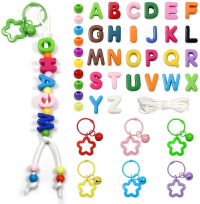 Letterkralen 6 stuks ster sleutelhangers kit A tot Z met kleurrijke acryl kralen met katoenen koord voor doe-het-zelf handwerk sieraden maken armband halsketting sleutelhanger