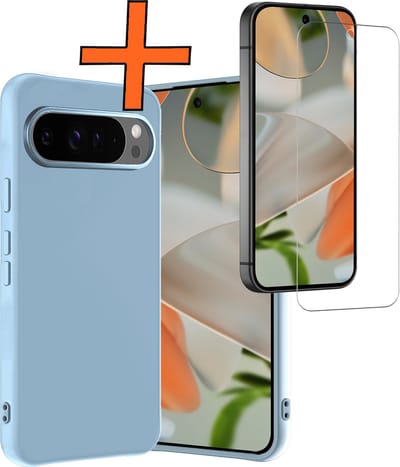 Hoes - Met Screenprotector - Geschikt voor Google Pixel 9 Pro - Sterk & Shockproof - Back Cover - Siliconen Case - Telefoon Hoes - Lichtblauw