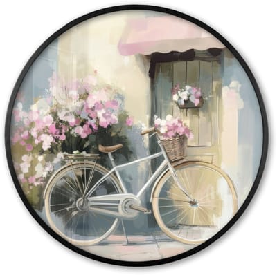 Poster in lijst Rond - Fotolijst 60x60 cm - Posters - Fiets - Pastelkleuren - Bloemen - Ronde posterlijst zwart - Decoratie - Wanddecoratie woonkamer - Muurdecoratie slaapkamer