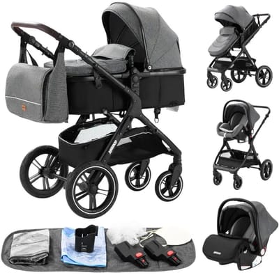 Luxe Kinderwagen 3-in-1 – Kinderwagen – Reiswieg – Autostoel – Stijlvol en Comfortabel – Geschikt voor kinderen van 0-2 jaar -grijs