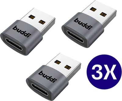 Buddi Ease | USB-C naar USB-A Adapter | (3x) Triple Pack | OTG | Converter | Koppelstuk | Tussenstuk | 480 Mbps gegevensoverdracht | 12W Opladen | Werkt ook met Apple CarPlay & Android Auto | Grijs