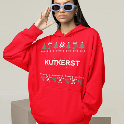 Foute Kerst Hoodie Candy Cane - Met tekst: Kutkerst - Kleur Rood - ( MAAT XS - UNISEKS FIT ) - Kerstkleding voor Dames & Heren