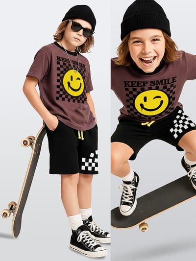Denokids CFF-26Y1-077 Zwarte Jongens T-shirt en Short Set met Smile Print 140