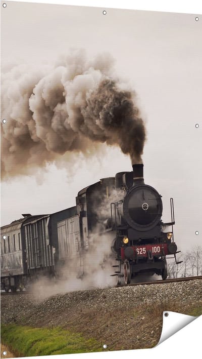 Gards Tuinposter Locomotief Trein met Rook Wolken - 100x150 cm - Tuindoek - Tuindecoratie - Wanddecoratie buiten - Tuinschilderij