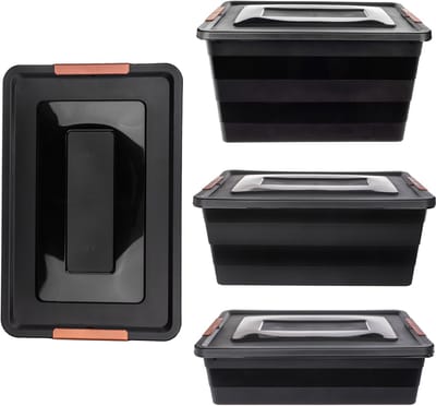 KADAX Opbergdoos met deksel, speelgoedkist, robuuste plastic container van kunststof, opbergbox met kliksluiting, opbergdozen (zwart, set van 3)