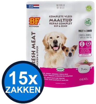 15x Biofood - Vleesvoeding Compleet Kip & eend Zak Multipack - Hondenvoer Droogvoer - 630 g