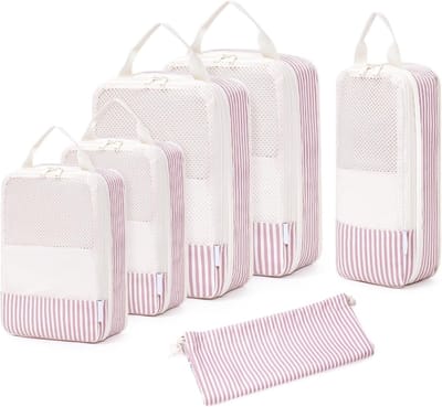 Famanu – Compressie koffer organizer set 6-delig - packing cubes voor koffer - rugzak en handbagage - oudroze streep