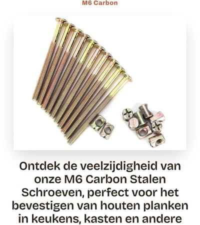 Dailygoods- Schroeven Set van 10 Stuks - M6 Carbon Staal - Bevestigingsmateriaal - Bouten - Moeren - Meubelbevestigingen - 60mm Lengte