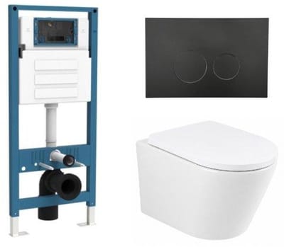 QeramiQ Dely Toiletset - inbouwreservoir Qeramiq Flush - 35mm zitting - kunststof mat zwarte bedieningsplaat - ronde knoppen - mat wit