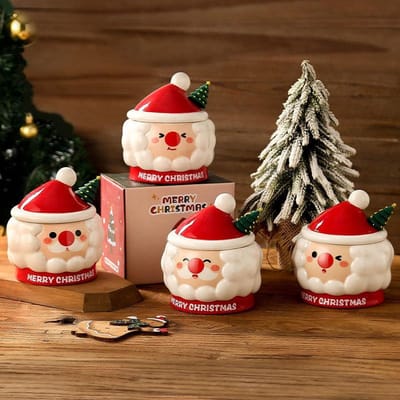 Creatieve Handbeschilderde Driedimensionale Kerstman Keramische Kop voor Huishouden Koppels met Deksel Waterbeker Kerstcadeau Souvenir 401-500ml black