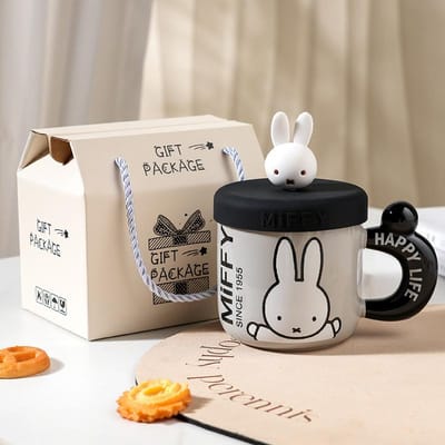 Tasse en Céramique Miffy Cartoon de Haute Valeur avec Couvercle pour la Maison Tasse à Eau Mignonne pour Couple Boîte Cadeau Mug Souvenir Créatif 400ml