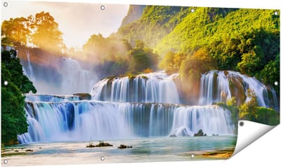 Gards Tuinposter Watervallen tussen de Bomen - 140x70 cm - Tuindoek - Tuindecoratie - Wanddecoratie buiten - Tuinschilderij