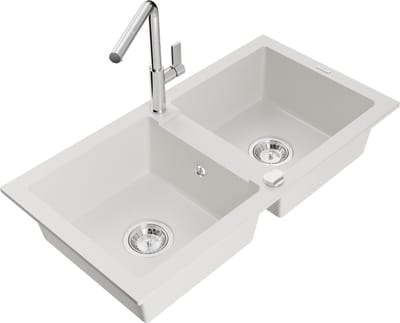 Mexen Mario granieten gootsteen 2-compartiment met keukenmengkraan Flora, wit - 6504-20-670401-00