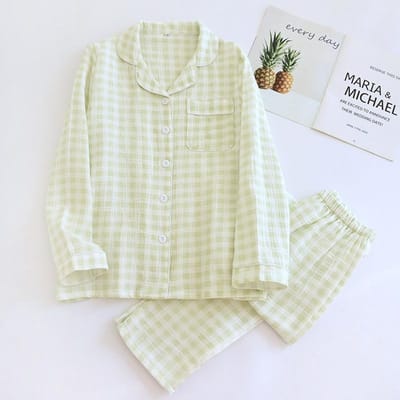 Nieuwe Lente Koppel Pyjama Set 100% Katoen Lange Mouw Broek Tweedelig Ruit Heren en Dames Huiskleding M white