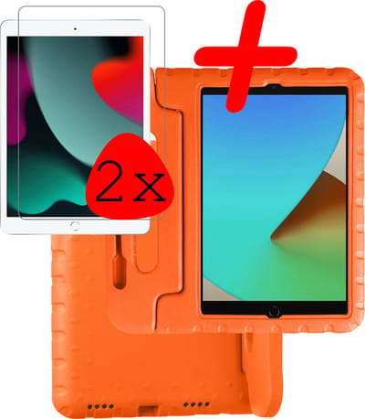 Hoesje Geschikt voor Apple iPad 7 (2019) - 10.2 inch - 7e Generatie - Met 2x Screenprotector - Kinderhoes Shockproof Bumper - Kidsproof Case - Tablet Hoes - Kinder Hoes Cover - Oranje