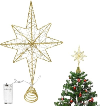 Kerstboomtopper Ster Goud 34 x 23 cm met 20 LED Lichten voor Verlichte Kerstboomdecoratie en Feestelijke Interieurverlichting
