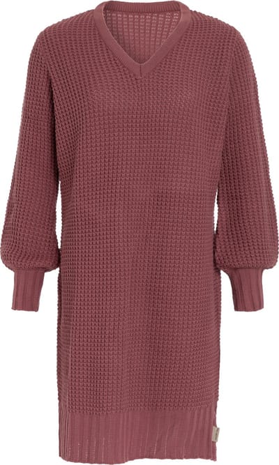 Knit Factory Robin Dames Jurk - Gebreide Trui Jurk - Wollen jurk - Herfst- & winterjurk - Wijde jurk - V-hals - Stone Red - 36/38 - Knielengte