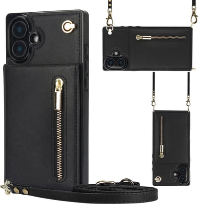 Multimedia & Accessoires Stijlvolle Leren Fashion Backcover Case Hoesje met Koord, Stand Ritsvak en Pasjeshouders geschikt voor Apple iPhone 16 - Zwart