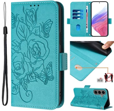 Voor Samsung Galaxy S24+ 5G reliëf Rose RFID anti-diefstal lederen telefoonhoesje (lichtblauw)