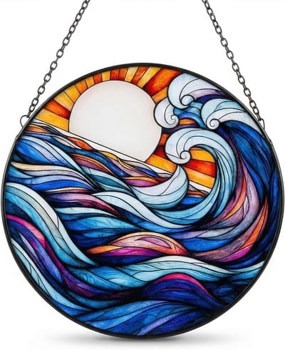 Hangende zonnevanger voor ramen, boho-decoratie van acryl met rivier- en zonnemotief, sfeervolle lichtspel voor binnen, handgemaakt, moderne muurdecoratie, 20 cm