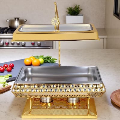 Chafing Dish Set - Buffetwarmer Voedselwarmer - Feesten Warm Houden - Elegant Goud Diamant Design - 9QT - Goud