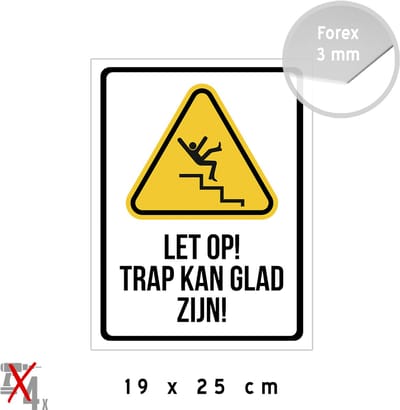 Pictogram/ bord | "Let op! Trap kan glad zijn!" | 19 x 25 cm | Leuning gebruiken | Val gevaar | Opgelet | Roltrap | Vallen | Struikelen | Treden | Traphal | Kunststof | 1 stuk