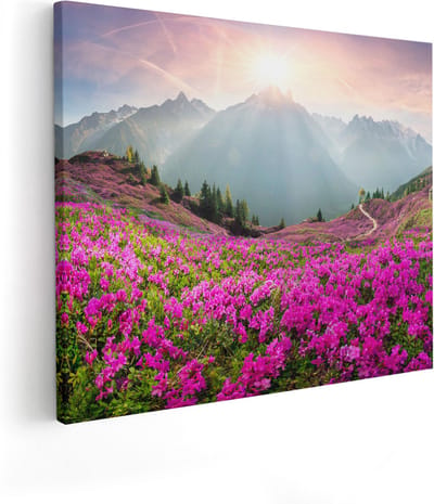Artaza Canvas Schilderij Berglandschap - 100x80 cm - Groot - Wanddecoratie Bloemenveld - Muurdecoratie Bergen - Decoratie Zonsopgang