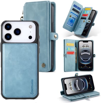 Casemania Hoesje Geschikt voor Apple iPhone 17 Pro - Aqua Blue - Geschikt voor MagSafe - Luxe Kunstlederen 2 in 1 Kunstlederen Portemonnee Book Case met Extra Vakken