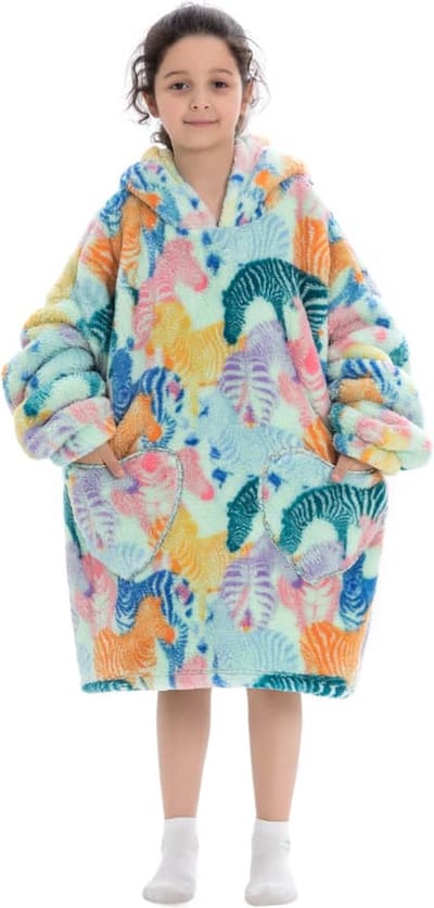Zebra fleece hoodie deken met mouwen kind – fleece poncho kind – Draagbare deken - plaid met mouwen - maat 128/152 – lengte 75 cm - chillen – Warm & zacht – relax outfit kids – multicolor - Badrock