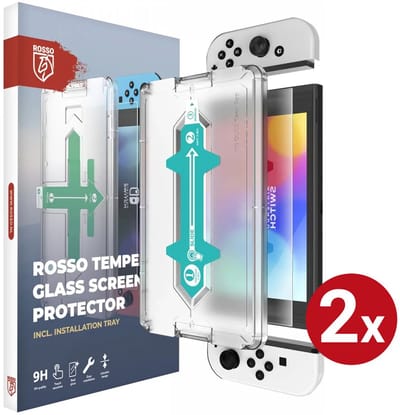 2-Pack Rosso Screenprotector Geschikt voor Nintendo Switch OLED | 9H Tempered Glass | Beschermglas | Glasplaatje | Case Friendly | Met Installatietray | Eenvoudige montage