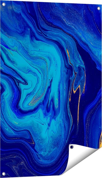 Gards Tuinposter Abstracte Kunst - Blauw met Gouden Verf - 60x90 cm - Tuindoek - Tuindecoratie - Wanddecoratie buiten - Tuinschilderij