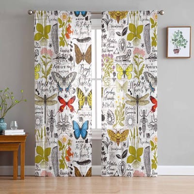 Lente Bloemen Vintage Vlinder Transparante Gordijnen voor Woonkamer Decoratie Raamgordijnen Keuken Tule Voile Organza Gordijnen W135 x H115cm x1 white