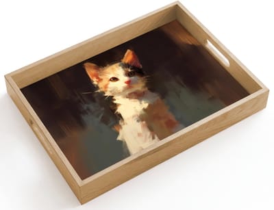 Dienblad hout 40x30 cm - Schootdienblad - Kat - Geschilderd - Artistiek - Wit - Borrelplank rechthoek - Plateau dienbladen