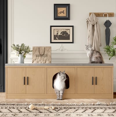 MIVRAY Kattenbakcontainer - Verborgen Kattenmeubel Met Ventilatie En Krabmat - Voor Hal En Woonkamer - Spaanplaat In Eikenlook - 140x40x45,5 Cm